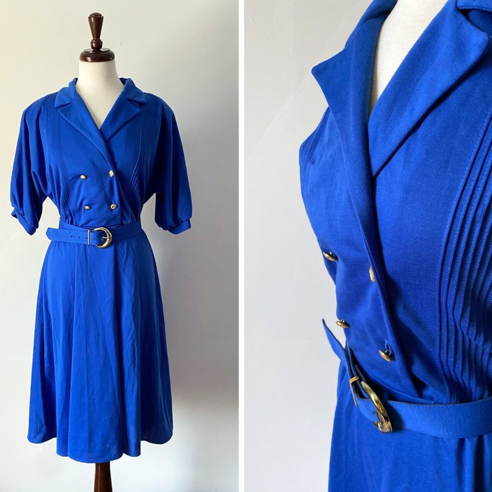 Vintage 80s 50s Style Deadstock Cobalt Blue Day Dress • Size L